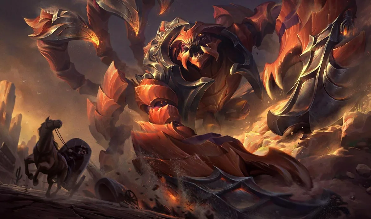 Sandscourge Skarner towers over a fleeing horse-drawn wagon, with orange armor, dark metal edging, and glowing tail tips in a desert.