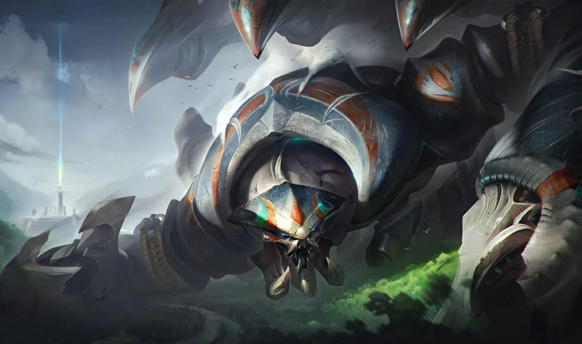 Skarner's enormous gray and teal armored body towers over a forest, with black claws and orange markings on his head.