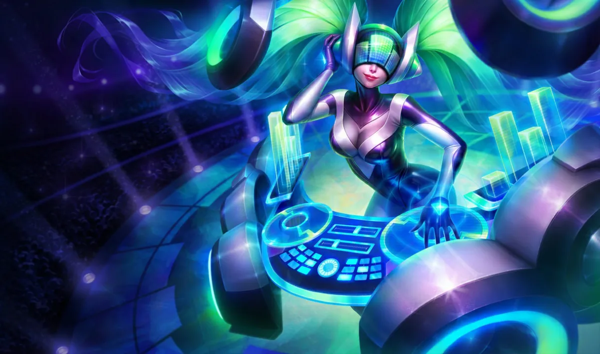 DJ Sona performing behind a futuristic mixing console