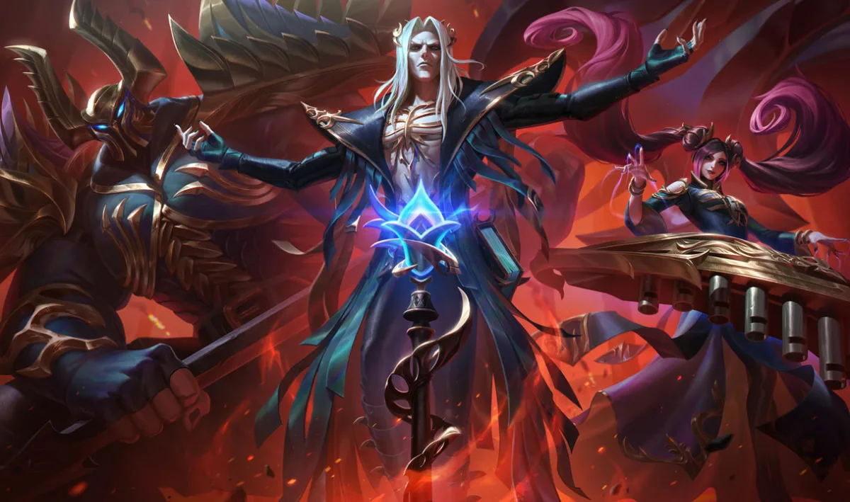 Pentakill III Lost Chapter Sona performing in black and violet armor