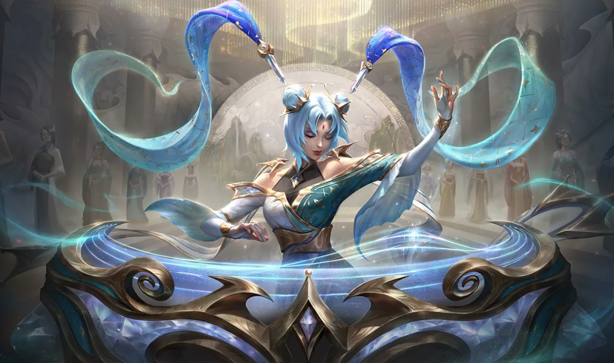 Prestige Immortal Journey Sona posing in gold gala fashion