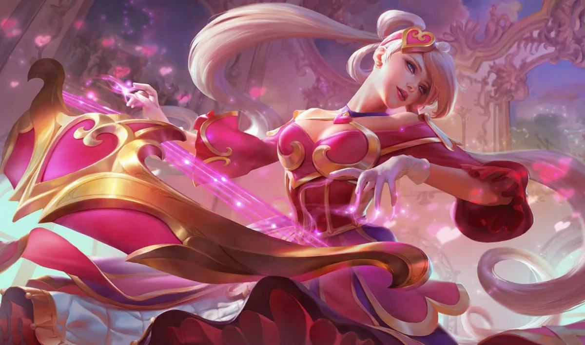 Sweetheart Sona performing amid rose petals and heart magic