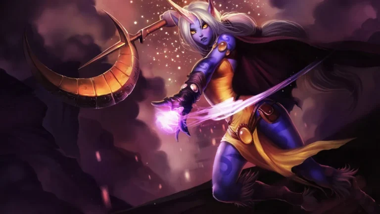 Soraka raises a crescent staff while casting purple light, with white hair and a dark cape