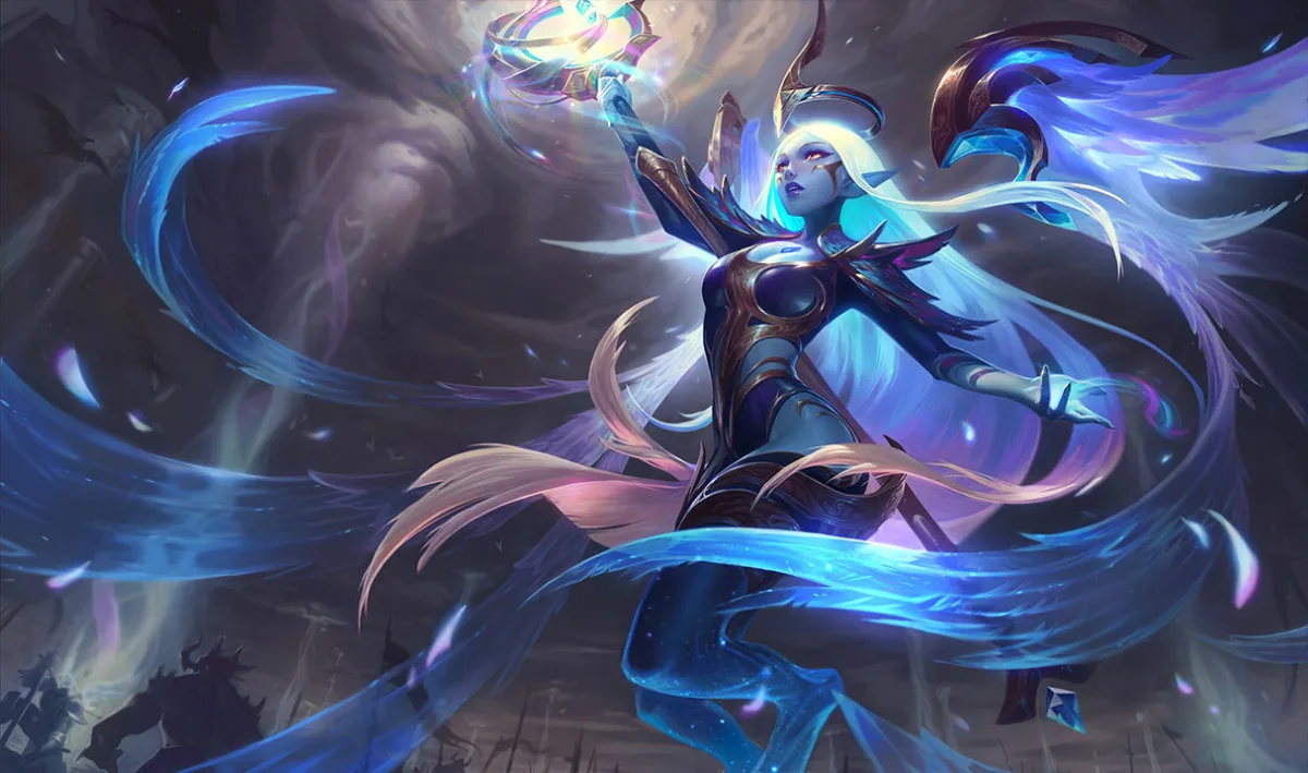 Dawnbringer Soraka with pale hair and dark blue armor surrounded by blue feather-like ribbons