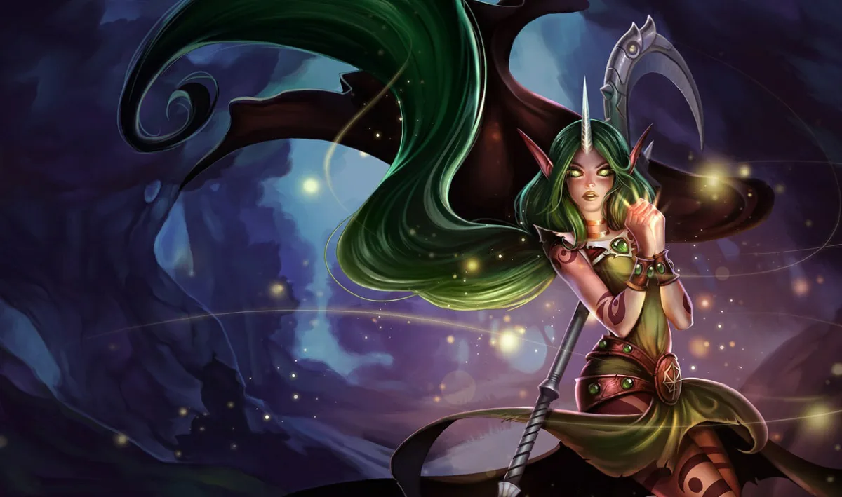 Dryad Soraka with long green hair and an olive outfit holding a small glow in a forest