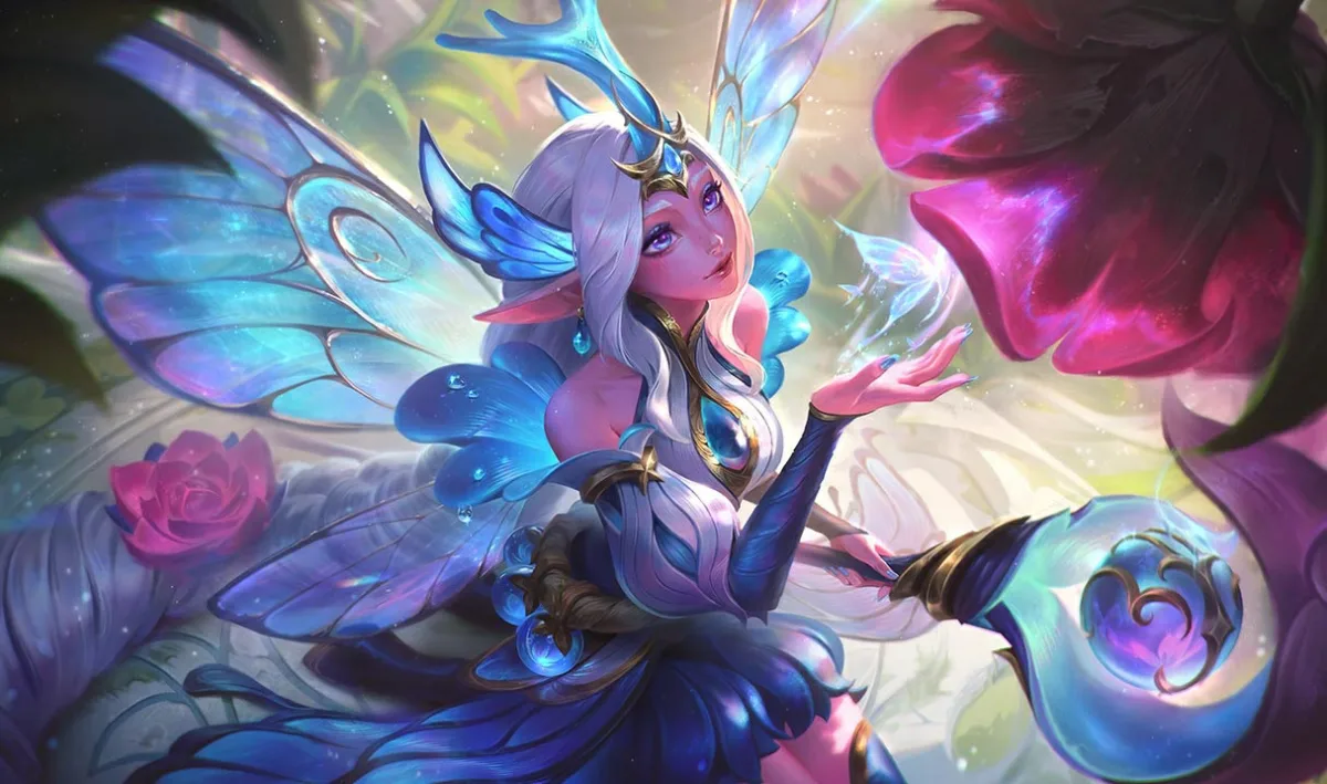 Faerie Court Soraka with white hair, pink skin and blue insect-like wings beside a large flower