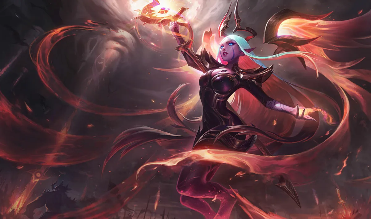 Nightbringer Soraka in dark armor with pale hair and orange-red wing-like ribbons