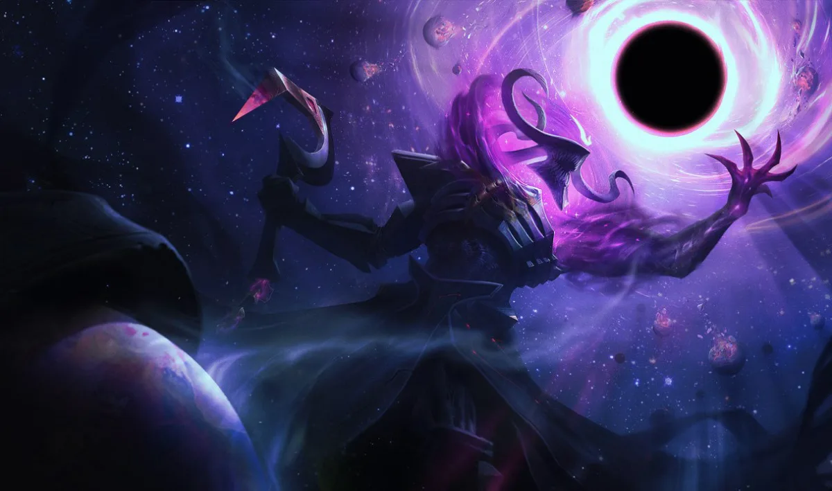 Dark Star Thresh reaching toward a black hole in official League of Legends splash art