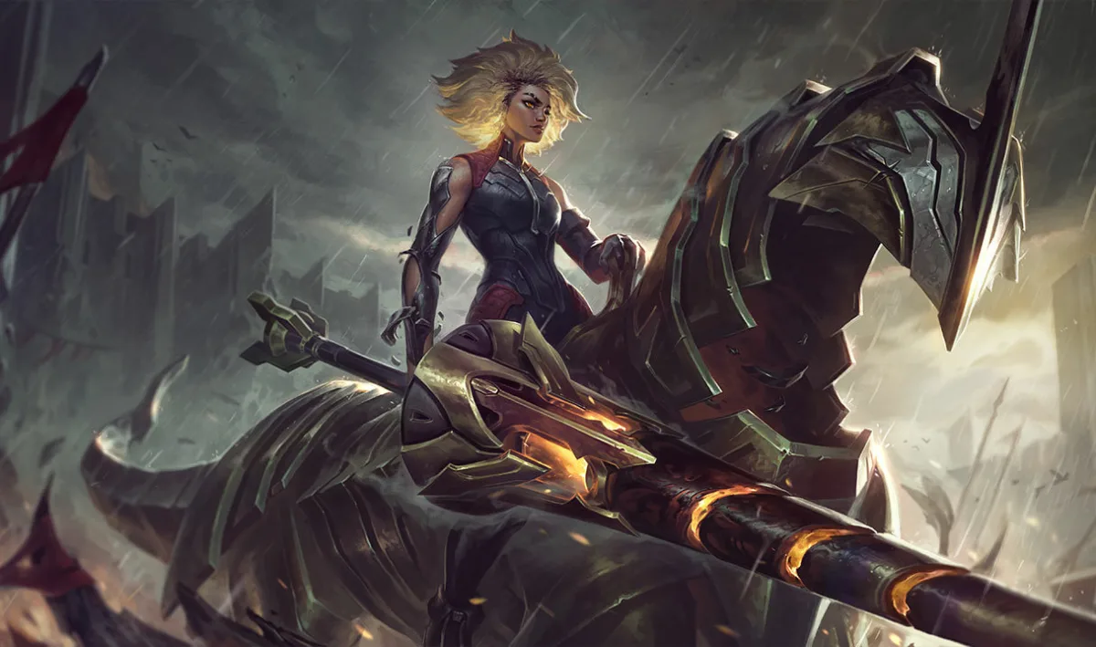 Rell riding into battle in official League of Legends splash art