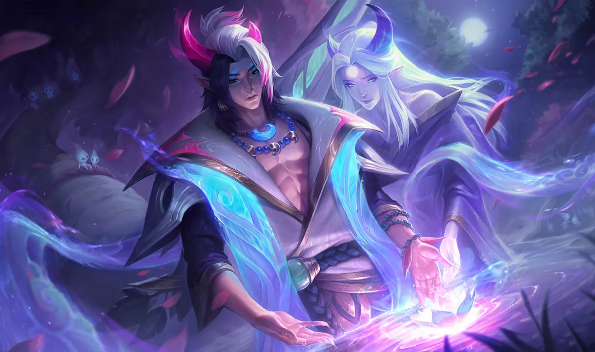 Spirit Blossom Aphelios holding a moonstone weapon in official League of Legends splash art