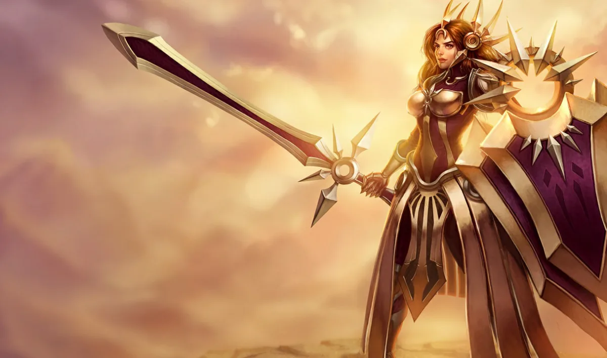 Leona standing in sunlight with shield raised