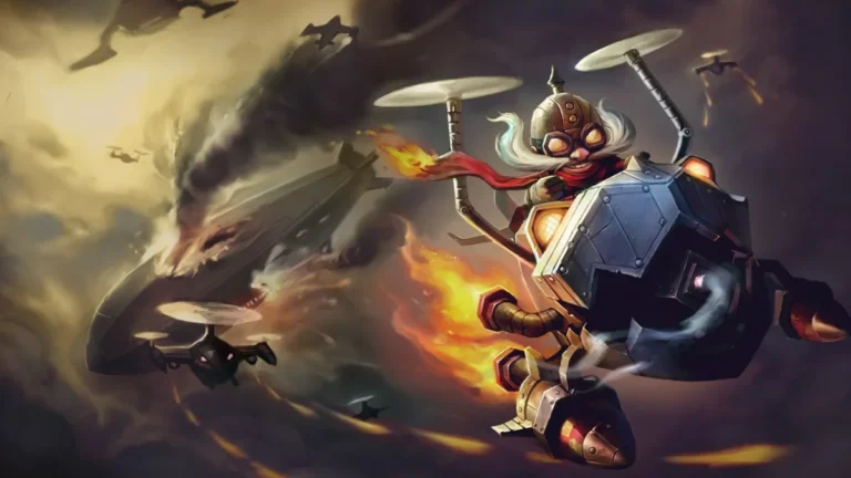 Corki pilots a metal aircraft with twin overhead propellers and a red scarf amid smoke and flames.