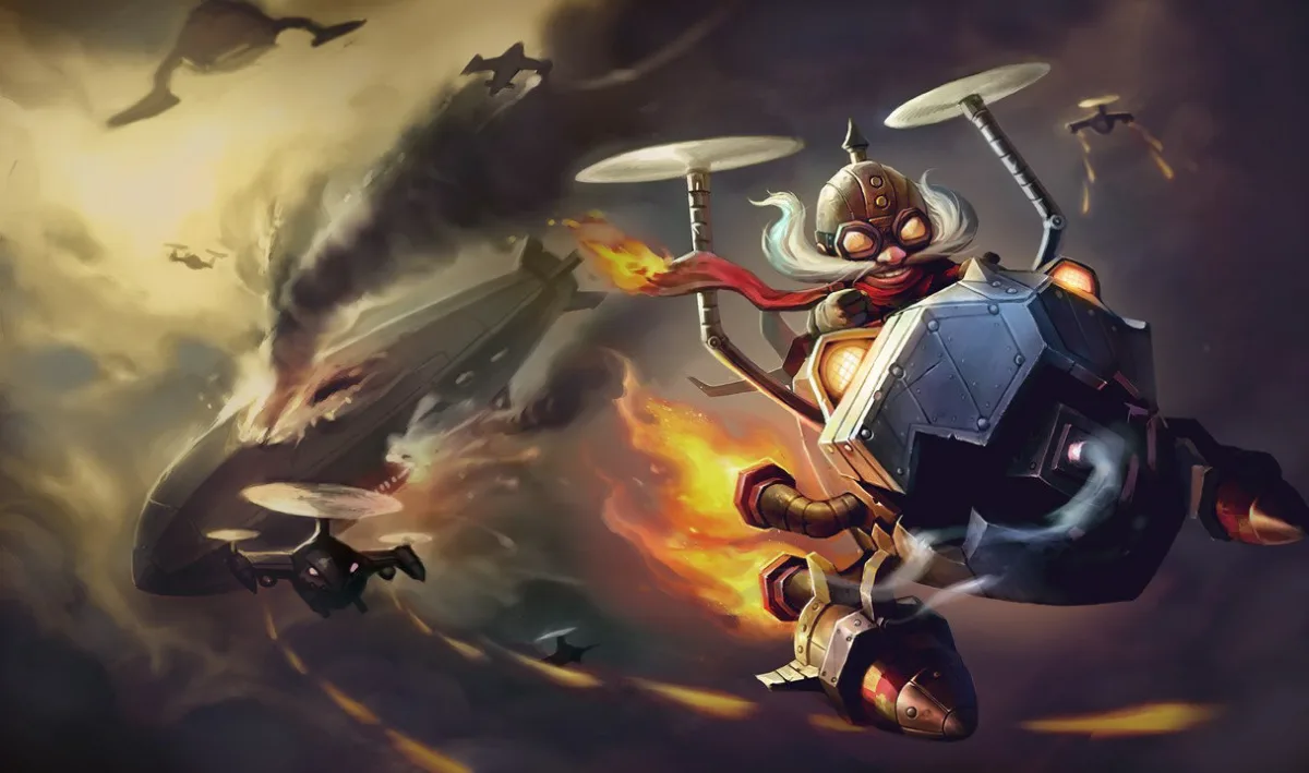 Corki pilots a metal aircraft with twin overhead propellers and a red scarf amid smoke and flames.