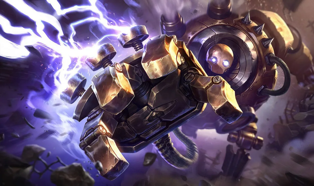Blitzcrank charging forward with an electrified fist