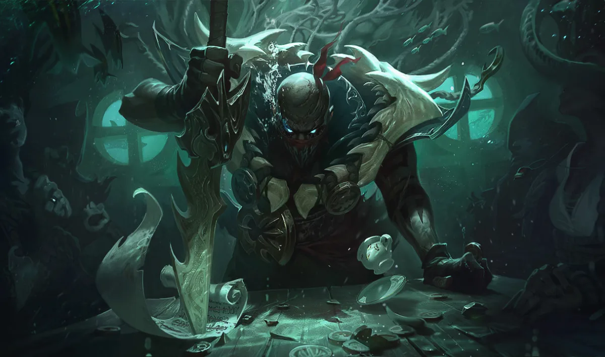 Pyke looming over a table with his harpoon