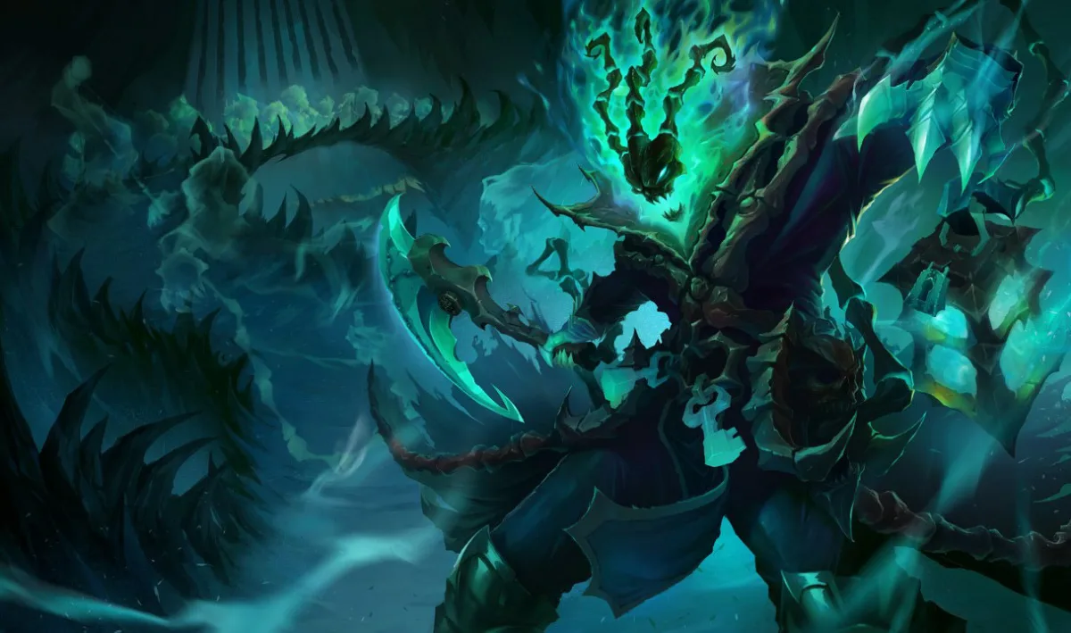 Thresh holding his lantern and chain in official League of Legends splash art