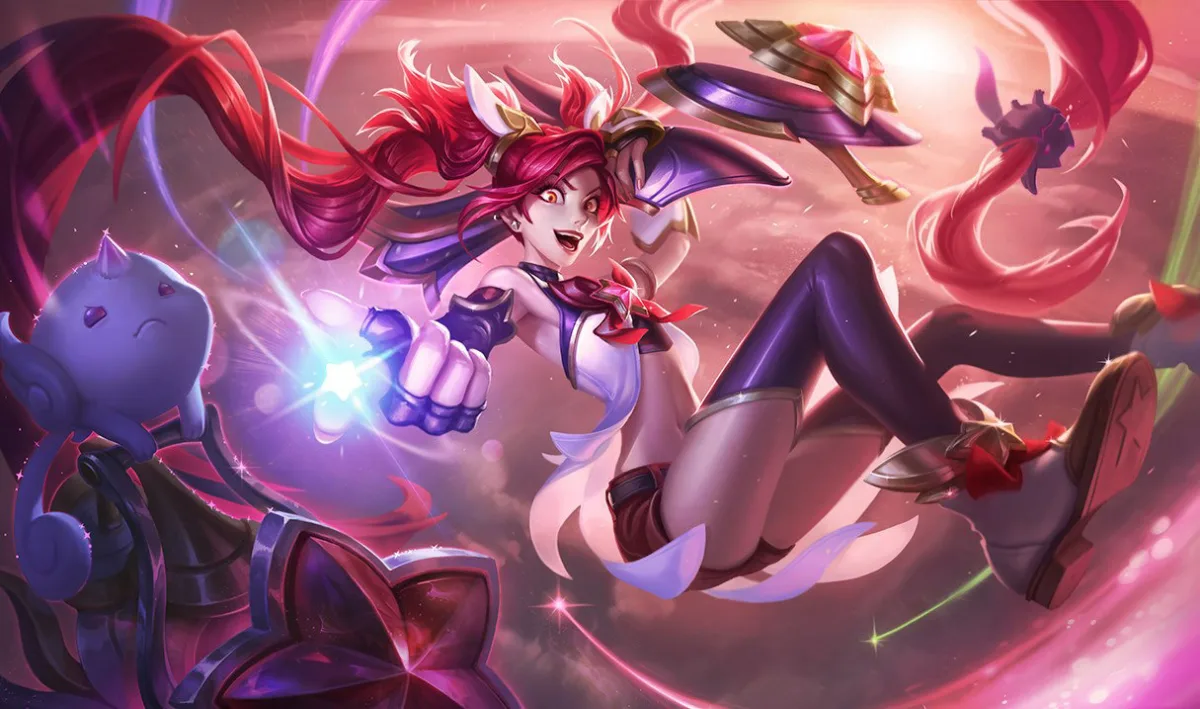 Star Guardian Jinx firing her weapon in official League of Legends splash art