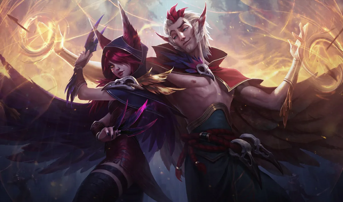 Rakan performing beside Xayah in a field of golden magic