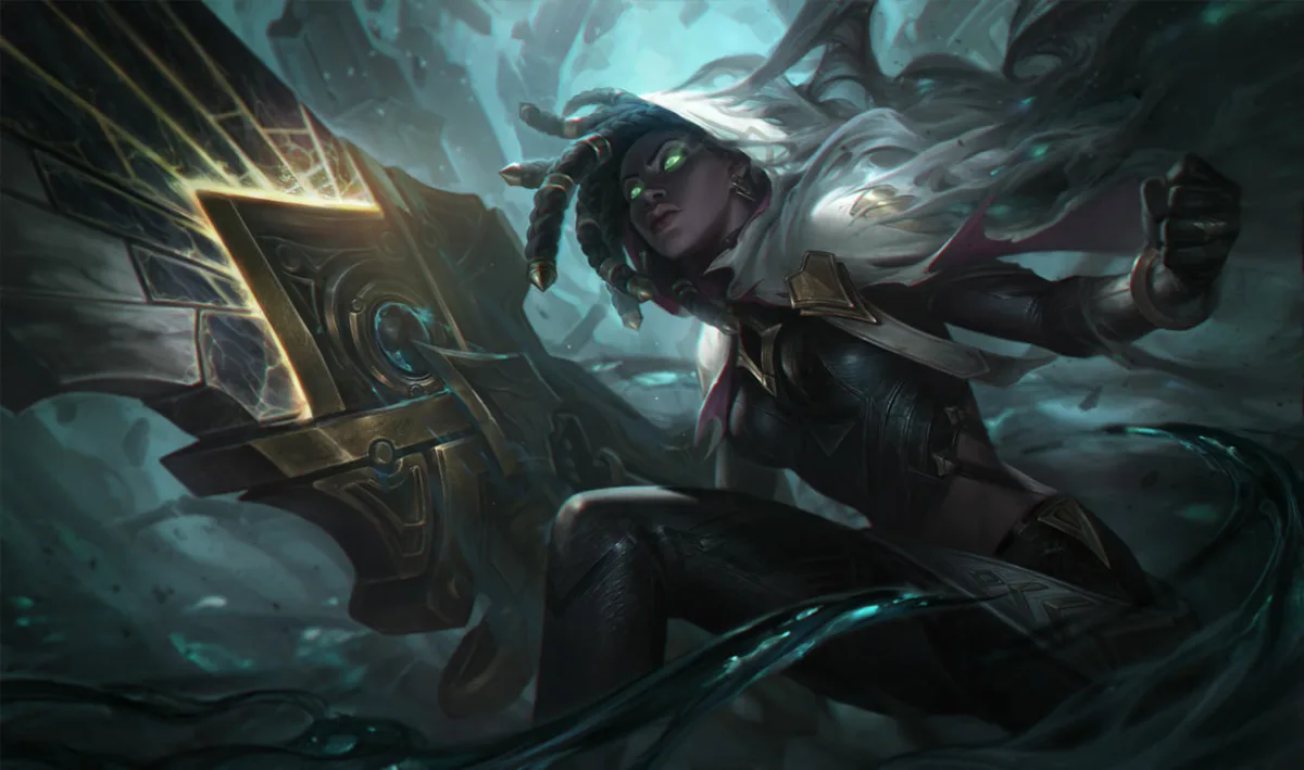Senna holding her relic cannon in the Black Mist