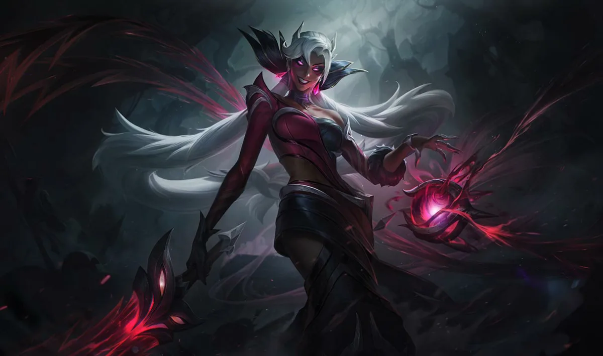 Coven Nilah holding her demon-forged whip in a dark forest