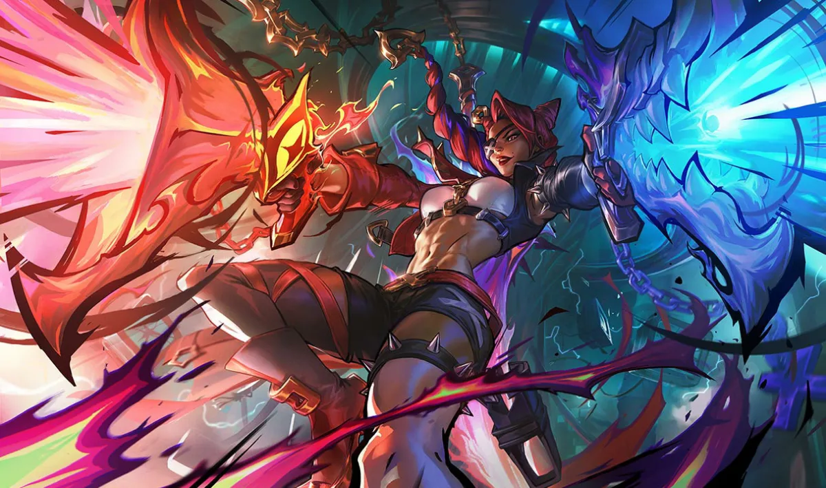 Soul Fighter Samira surrounded by flames in official League of Legends splash art