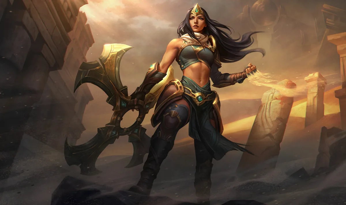 Sivir carrying her crossblade through Shuriman ruins