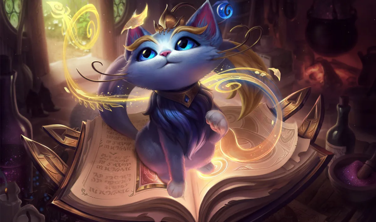 Yuumi standing on the open Book of Thresholds