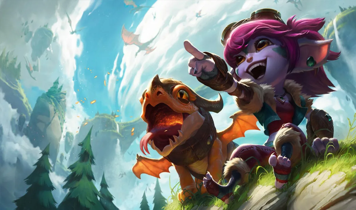 Dragon Trainer Tristana pointing beside her young dragon
