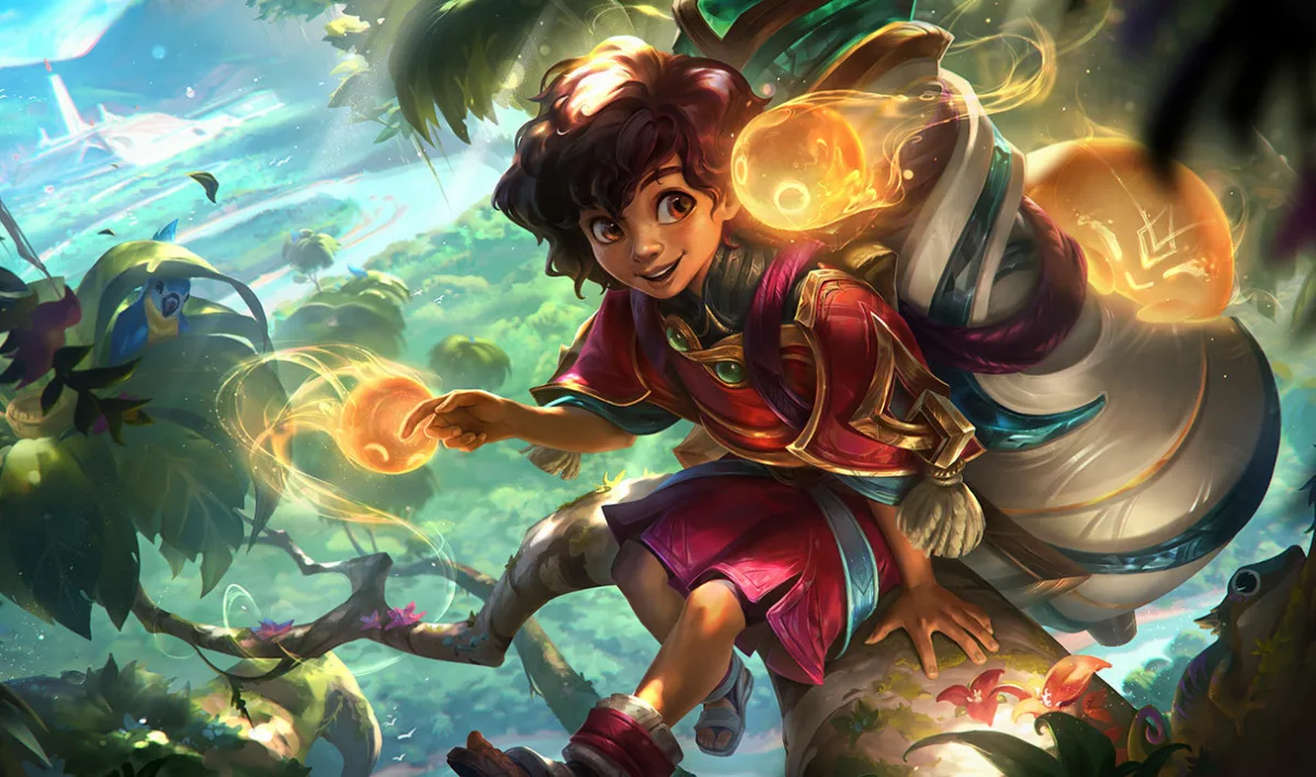 Milio surrounded by his fuemigos in official League of Legends splash art
