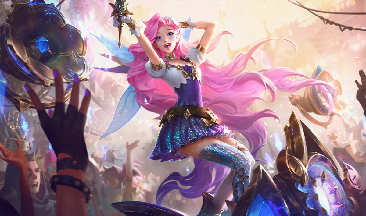 Seraphine performing on her platform in official League of Legends splash art