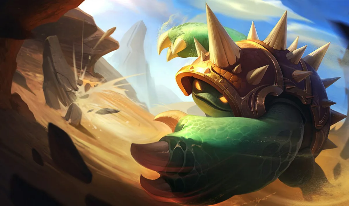 Rammus charging through a desert canyon with his armored shell forward