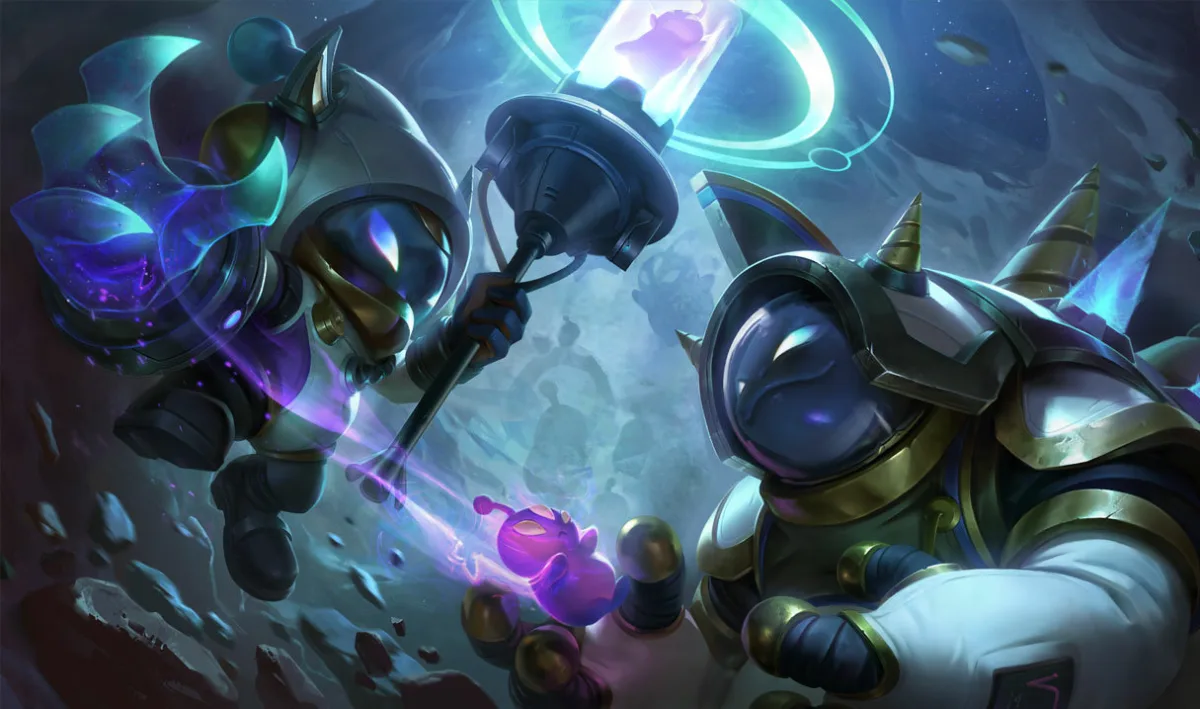 Two Astronaut Rammus figures floating above a cratered moon
