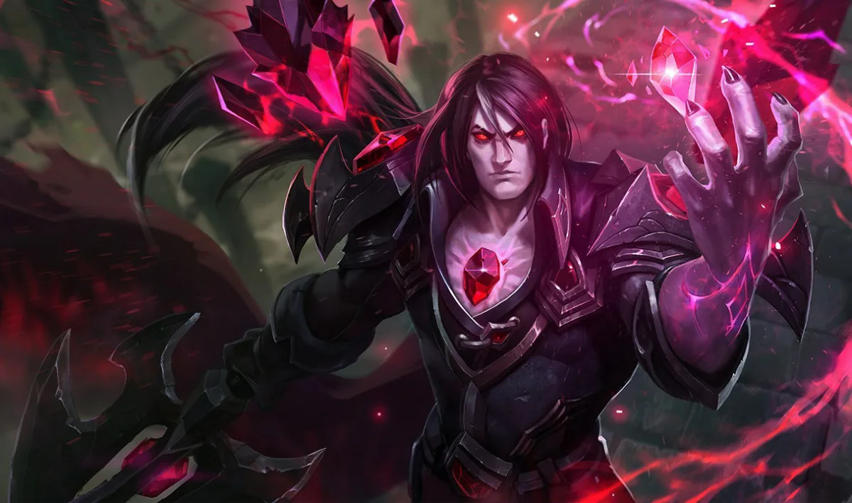 Bloodstone Taric in dark armor with red eyes and glowing crimson crystals