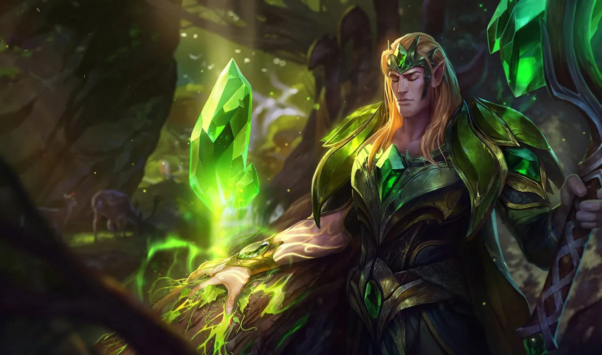Emerald Taric in green armor holding a glowing crystal in a forest