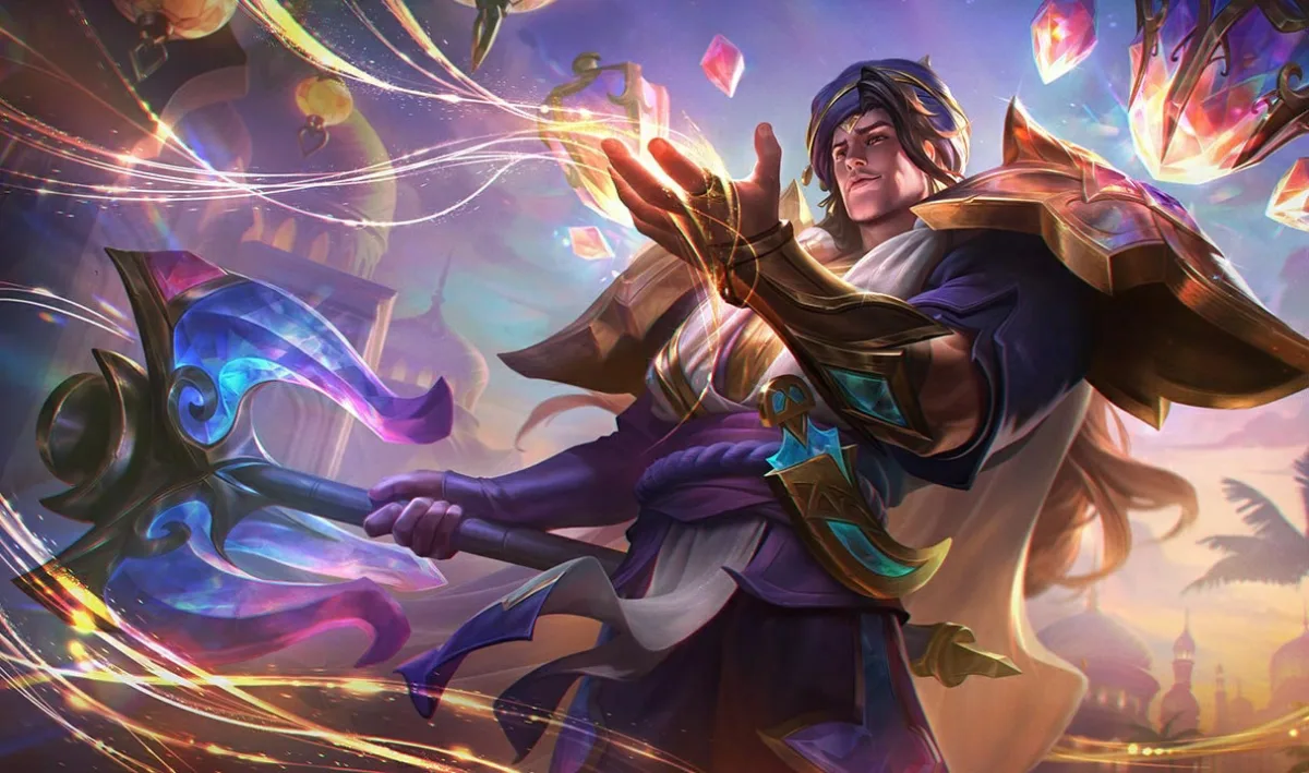 Fatebreaker Taric in purple and white clothing with gold armor and iridescent glass weapons