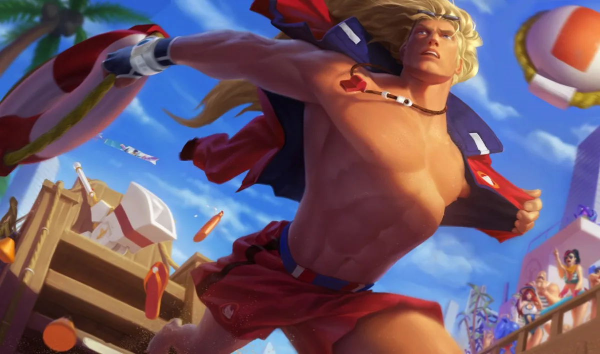 Pool Party Taric running in red swim trunks with a whistle and lifeguard jacket