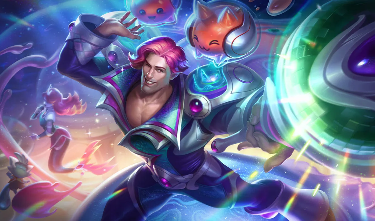 Space Groove Taric with short pink hair, a metallic disco outfit, and orange catlike companions