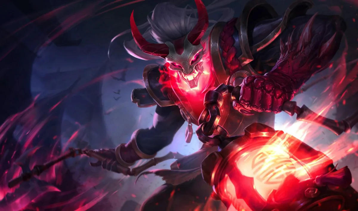 Blood Moon Thresh wears a horned pale mask and dark armor while red light pours from his lantern