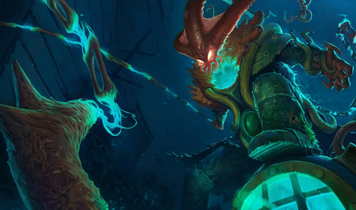 Deep Terror Thresh rises underwater in a corroded diving suit with tentacles around his face and a glowing diving bell