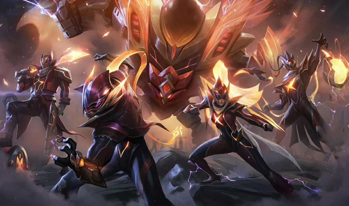 FPX Thresh stands at the right of the team's shared splash wearing a red-and-black helmet and carrying a golden lantern