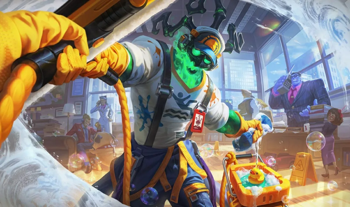Janitor Thresh wears yellow gloves and a work badge while cleaning beside a foamy bucket with a rubber duck