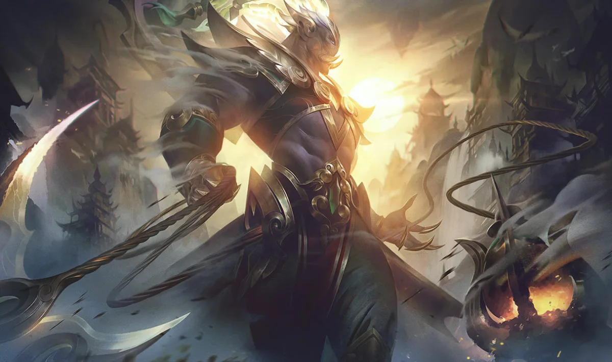 Lunar Emperor Thresh stands in decorated robes and gold-trimmed armor with a fiery lantern among ruined buildings