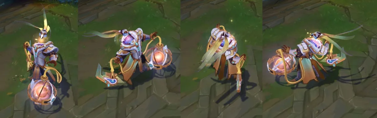 Riot's four-angle model preview shows Prestige Pulsefire Thresh 2022 with white shoulder armor, gold trim and a caged round lantern