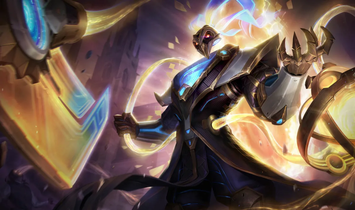 Prestige Pulsefire Thresh has gold armor accents and a bright rounded lantern around a dark coat and small floating mask