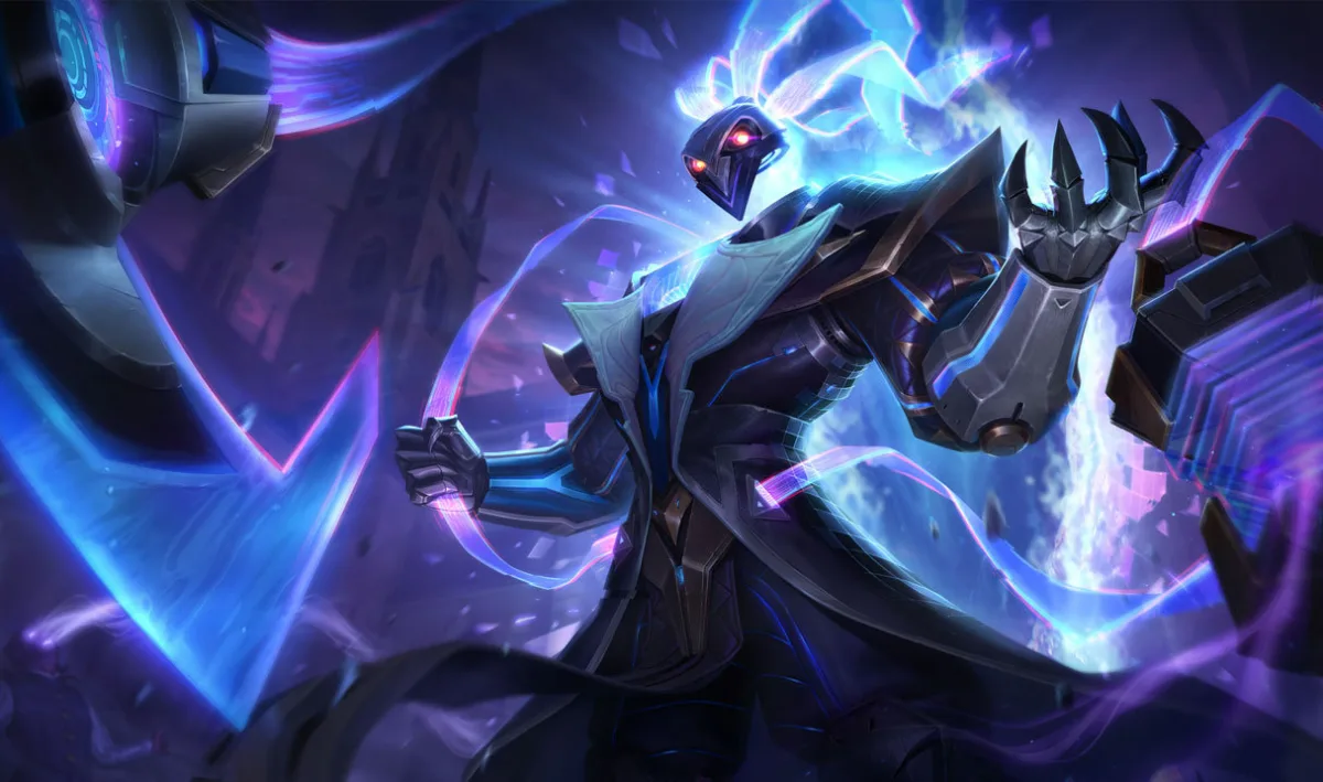 Pulsefire Thresh wears a dark futuristic coat with angular metal plates and blue energy cables beneath a floating mask