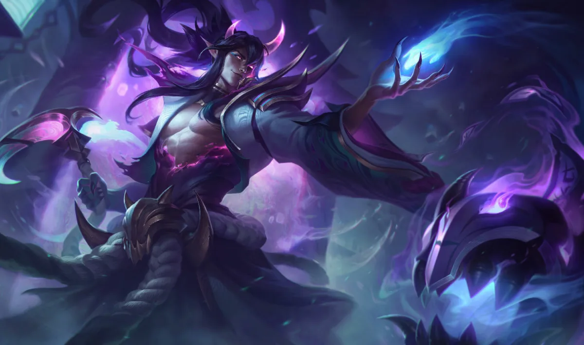 Spirit Blossom Thresh appears in human form with curved horns, dark robes and a blue flame above his hand