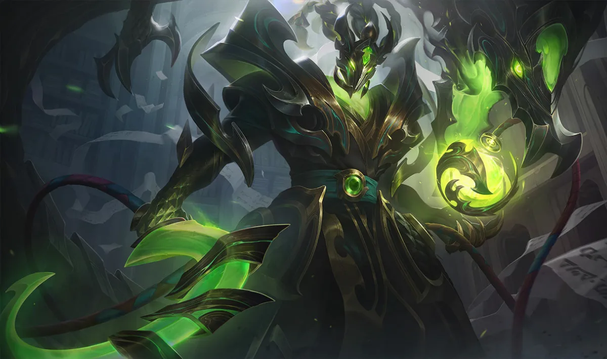 Steel Dragon Thresh wears dark layered armor and a horned mask around a glowing green lantern