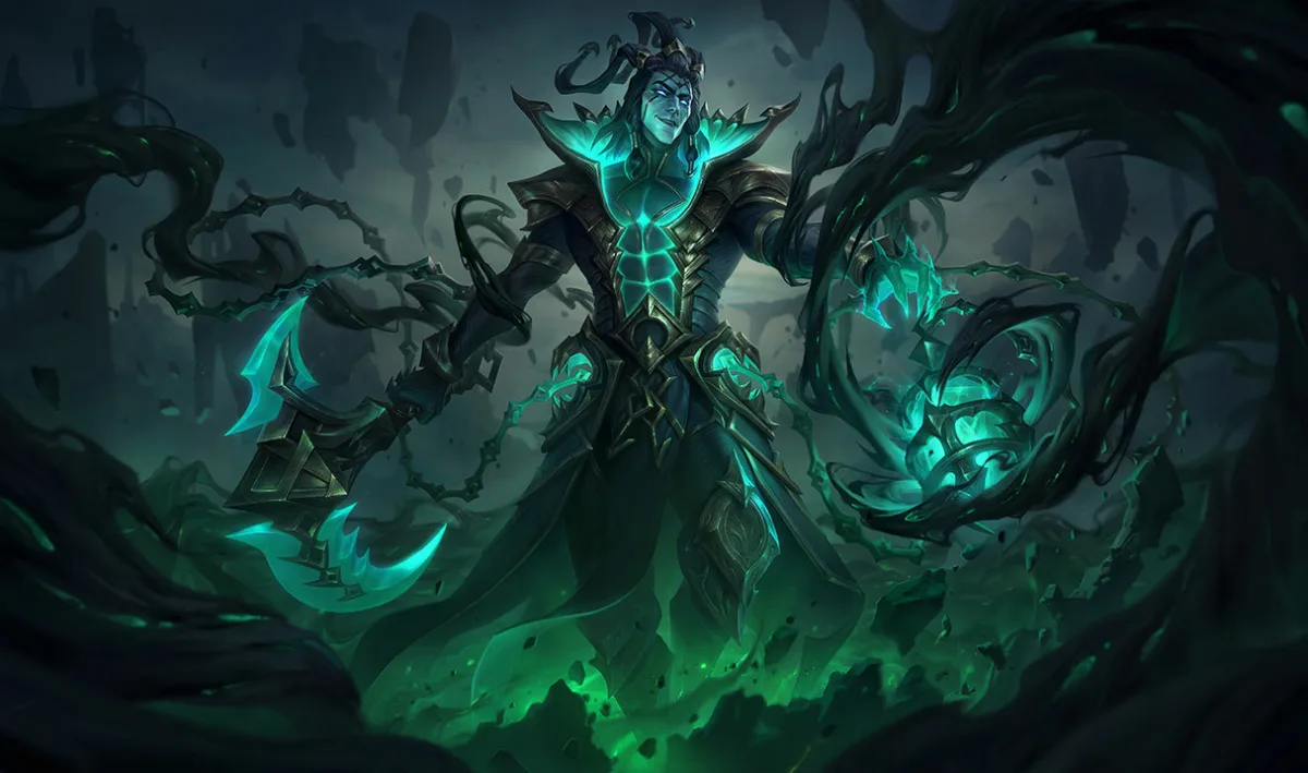 Unbound Thresh appears with a human face, swept-back dark hair and green-lit armor above a hooked blade and lantern
