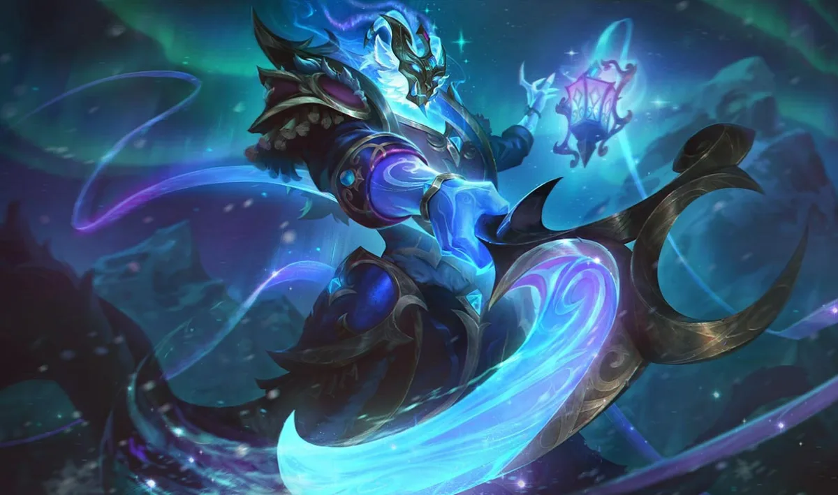 Winterblessed Thresh holds an ornate curved hook and a purple lantern beneath blue-green aurora light