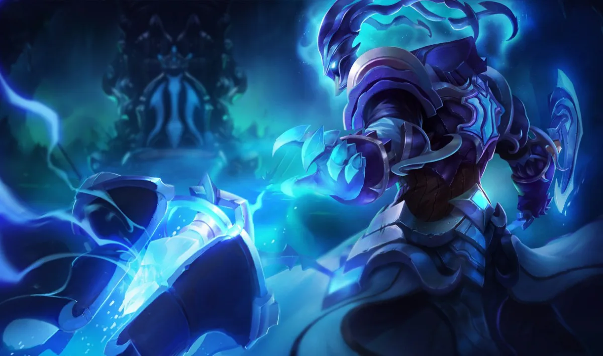 Worlds 2013 Thresh reaches forward in blue armor as bright cyan energy surrounds his hook